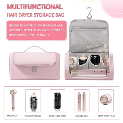 Makeup Bag for Blow Dryer Brush, Large Capacity Organizer Storage Bag for Hair Styler, Hot Air Brush, Curling Iron & Beauty Accessories, Portable Cosmetic Case for Women (Pink)