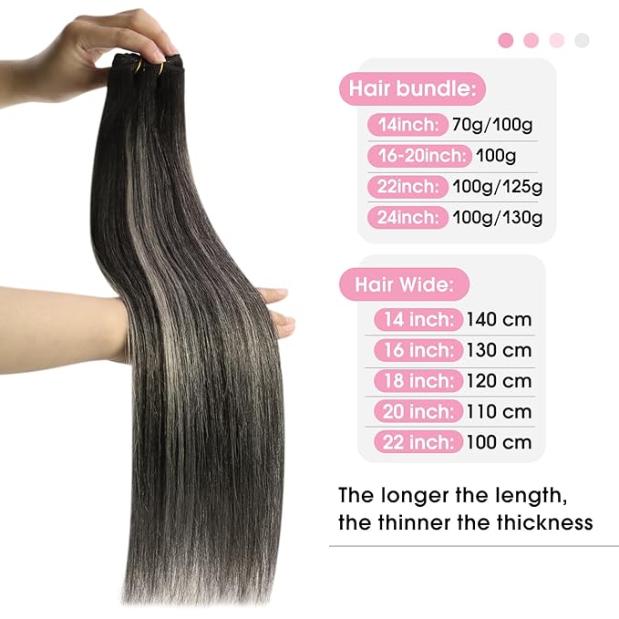 YoungSee Weft Hair Extensions Ombre Black Sew in Hair Extensions Real Human Hair Blend of Black and Silver with Black Roots Human Hair Weft Extensions for Short 100G 14Inch