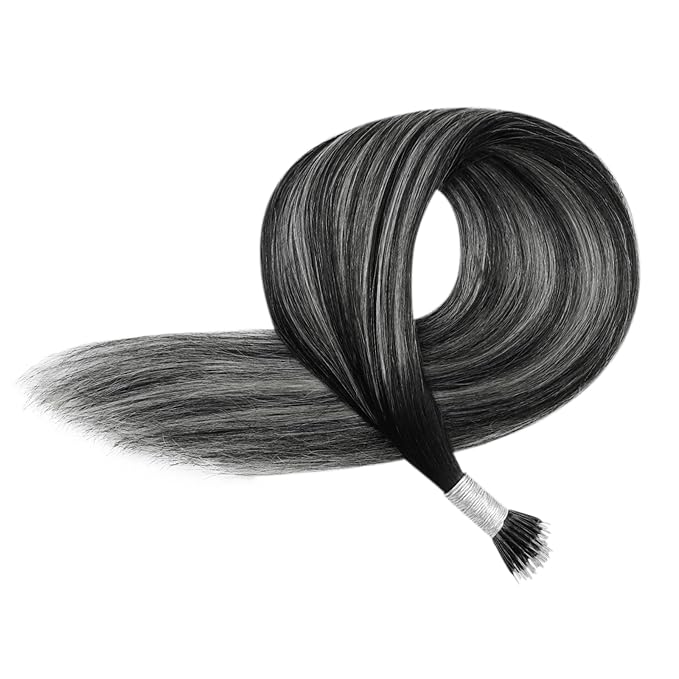 YoungSee Nano Loop Hair Extensions Black Ombre Nano Hair Extensions Real Hair Ombre Black to Silver Nano Bead Hair Extensions Human Hair Silver Human Hair Nano Ring Extensions Black 1g/s 50g 20inch