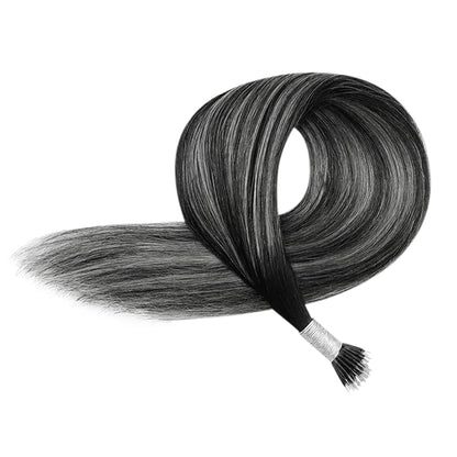 YoungSee Nano Loop Hair Extensions Black Ombre Nano Hair Extensions Real Hair Ombre Black to Silver Nano Bead Hair Extensions Human Hair Silver Human Hair Nano Ring Extensions Black 1g/s 50g 20inch