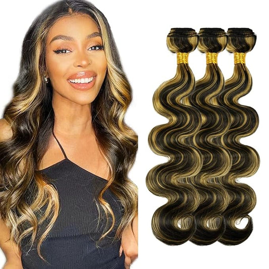 P1B/27 Body Wave Bundles Highlight Human Hair Bundles 16 16 16 Inch 2 Tone Black and Blonde Bundle Niegmeag Brazilian Virgin Remy Hair Extensions 300g