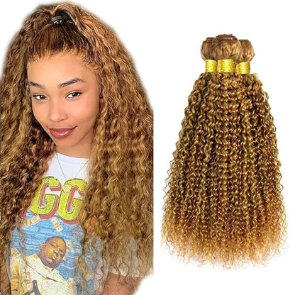 P2730 Curly Wave Bundles: Human Hair Honey Blonde, 16 Inch Unprocessed, Silky Soft Remy Hair Extensions