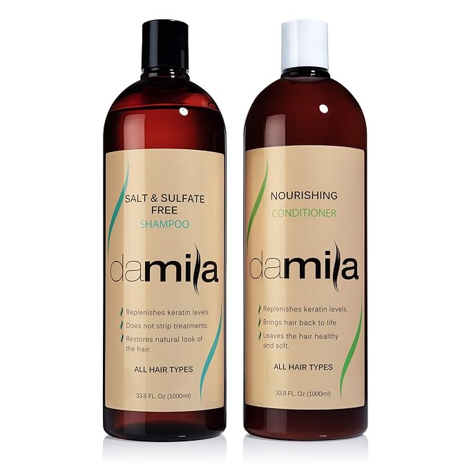 Damila Salt & Sulfate Free Shampoo & Conditioner for Keratin and Color Treated Hair - Professional Keratin Value Pack for Damaged, Frizzy, Curly, Dry & Thin Hair - Shampoo Sin Sal - 33.8 Fl Oz
