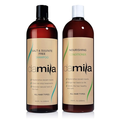 Damila Salt & Sulfate Free Shampoo & Conditioner for Keratin and Color Treated Hair - Professional Keratin Value Pack for Damaged, Frizzy, Curly, Dry & Thin Hair - Shampoo Sin Sal - 33.8 Fl Oz
