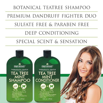 First Botany Tea Tree Mint Shampoo & Conditioner for Men & Women - Pure Tea Tree & Peppermint Oil - Fights Hair Loss, Dandruff, Lice & Itchy Scalp, Promotes Hair Growth - Sulfate Free - 16 Fl Oz x 2