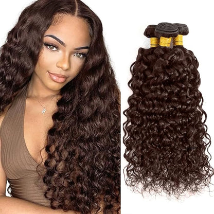 Brown Water Wave Bundles Human Hair Color 4 Bundle Niegmeag Peruvian Virgin Soft and Silky Remy Hair 3 Bundles 12 12 12 Inch Double Weft Hair Weave 300g