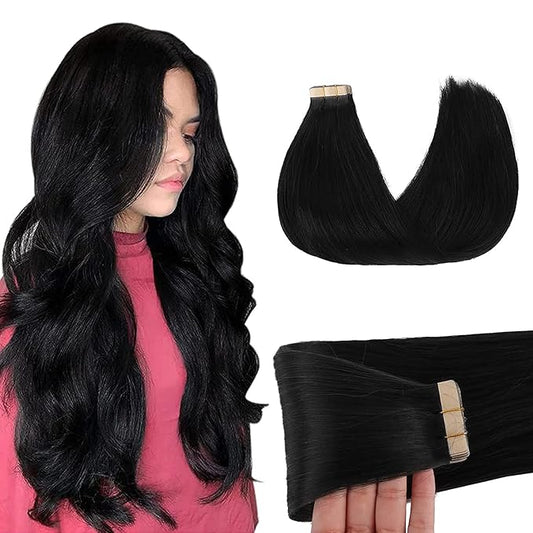 GOO GOO Tape in Hair Extensions Human Hair, 1 Jet black, 26inch 60g 20pcs, Skin Weft Seamless Invisible, Silky Straight with Thick Ends, Remy Human Hair