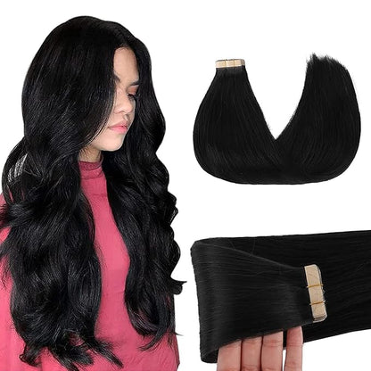 GOO GOO Tape in Hair Extensions Human Hair, 1 Jet black, 18inch 50g 20pcs, Skin Weft Seamless Invisible, Silky Straight with Thick Ends, Remy Human Hair