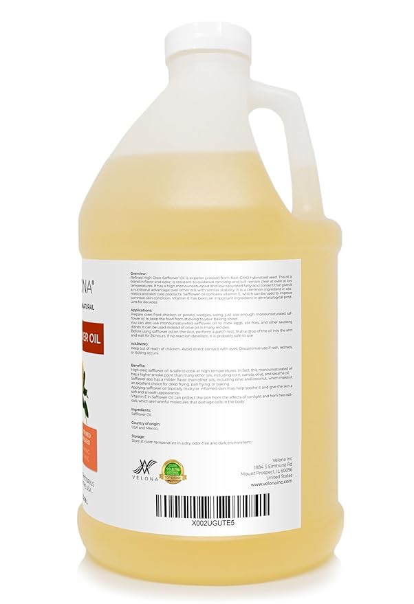 velona Safflower Oil 1 Gallon / 128 Fl Oz | 100% Pure and Natural Carrier Oil | Refined, Expeller Pressed | Cooking, Skin, Hair, Body & Face Moisturizing | Use Today - Enjoy Results