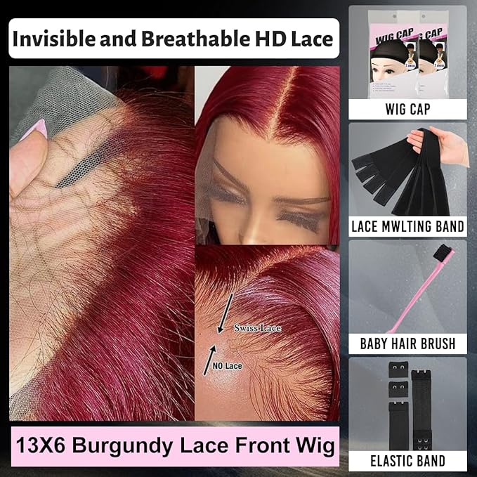 99J Burgundy Lace Front Wigs Human Hair Loose Body Wave Wigs 13x6 Burgundy Wig Human Hair 24Inch Pre Plucked 220% Density Dark Burgundy DeepWave Wig for Women Loose Wave HumanHair 99J Red Wigs