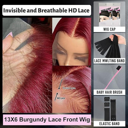 99J Burgundy Lace Front Wigs Human Hair Loose Body Wave Wigs 13x6 Burgundy Wig Human Hair 24Inch Pre Plucked 220% Density Dark Burgundy DeepWave Wig for Women Loose Wave HumanHair 99J Red Wigs