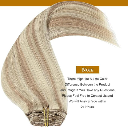 Loxxy Clip in Human Hair Extensions Omber Light Blonde Highlights Golden Blonde Straight Real Hair Extensions Clip ins 14Inch Lace Weft Hair Extensions 120g with 16Clips Hair P#18/613