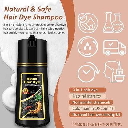 Black 3-in-1 Hair Dye for Men & Women - Long-Lasting Gray Hair Coverage, Shampoo Para Canas, Natural Color in Minutes - 16.9 Fl Oz