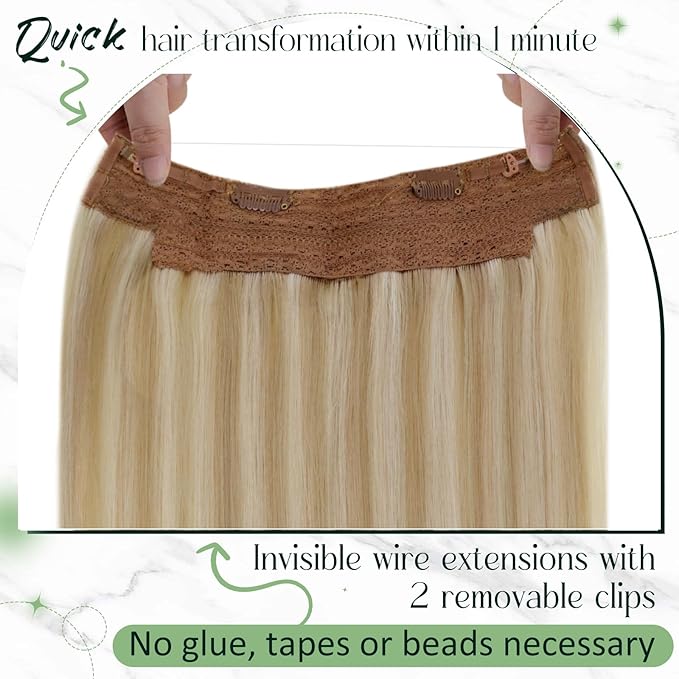 RUNATURE Wire Human Hair Extensions, Blonde Hair Extensions Real Human Hair, Headband Fish Line Extension for Women, Straight Remy Natural Hair, 12 Inch 70g #18P613 Ash Blonde Highlights