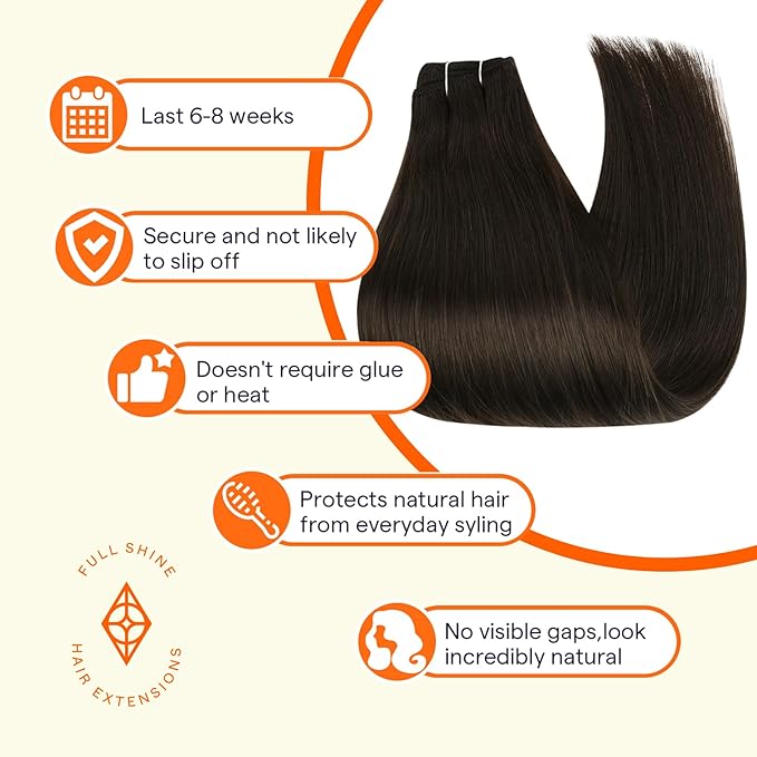 Full Shine Weft Human Hair Brown Sew in Real Hair Extensions #2 Dark Brown Weft Extensions Real Bundles for Women 105g 20 Inch