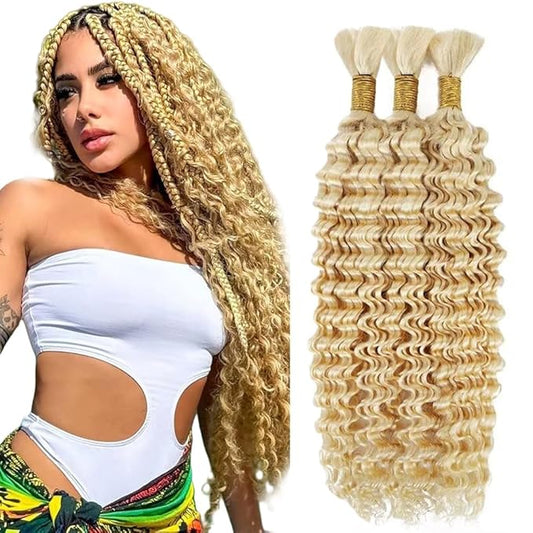 #613 Blonde Human Braiding Hair Deep Wave Bulk 16 16 16 Inch Human Hair Weave 3 Bundle Unprocessed Brazilian Virgin Hair Honey Blonde Deep Curly Braiding Hair Extensions 50 Grams/Bundle