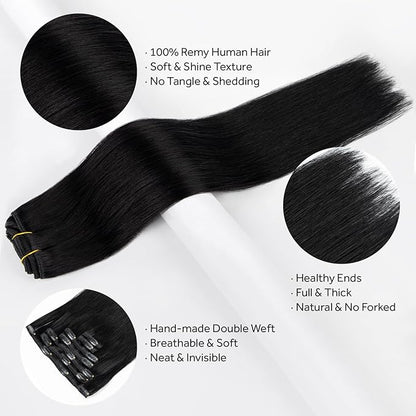 Clip in Hair Extensions Real Human Hair, Jet Black 100% Human Hair Extensions Clip in, Tangle-free Silky Straight Hair Extensions for Women, #1 18Inch 120G 7PCS
