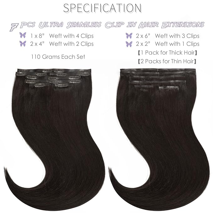 Lacer Hair Seamless Clip in Human Hair Extensions Ultra Thin Invisible PU Weft Clip On Hair Extensions 16 Inch 7Pcs 110g Hair Extensions Clip in Human Hair for Fine Thin Hair Women #2 Darkest Brown
