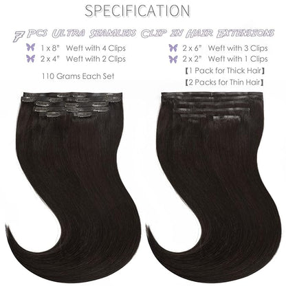 Lacer Hair Seamless Clip in Human Hair Extensions Ultra Thin Invisible PU Weft Clip On Hair Extensions 16 Inch 7Pcs 110g Hair Extensions Clip in Human Hair for Fine Thin Hair Women #2 Darkest Brown