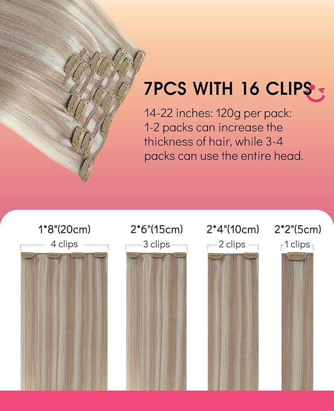 Youngsmile Human Hair Clip in Extensions Color 18 Ash Blonde mixed 1000 White Blond 14 Inch Clip in Real Human Hair Extensions Long Silk Straight Double Weft 120 Gram 7 Pcs (CLIP#18P1000-16Inch)