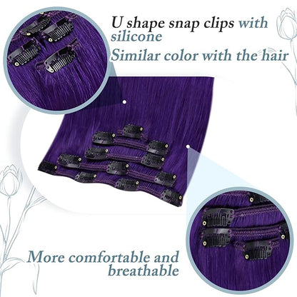 RUNATURE Purple Hair Extensions Clip in Real Human Hair, Full Head Clip in Extensions for Long Hair, Remy Natural Hair Colored Extensions for Women, 22 Inch 70g 5pcs