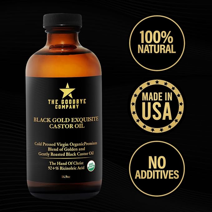 The Goodbye Company Black & Gold Castor Oil Blend – USDA Organic, Cold-Pressed & Unrefined – Pure Hexane-Free Oil for Hair, Skin, Body, Eyelashes & Eyebrows
