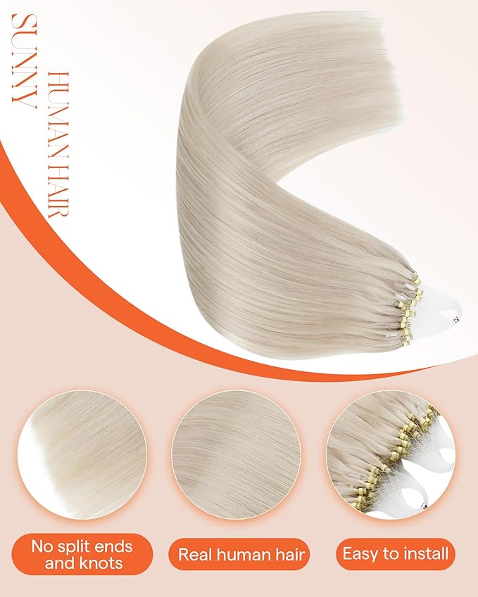 Sunny Hair Micro Link Hair Extensions Human Hair Platinum Blonde Micro Loop Hair Extensions Real Human Hair Natural-looking Micro Beads Hair Extensions Sun-Kissed Glow 16inch 50g