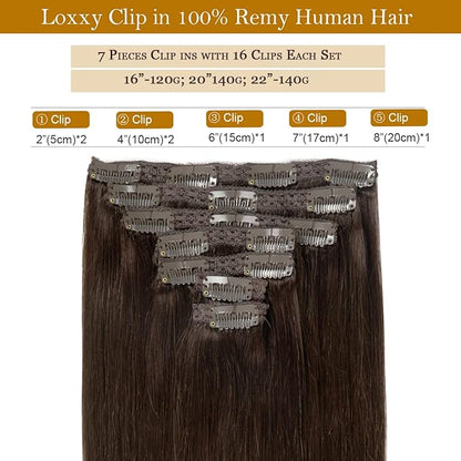 Loxxy 20 Inch Clip in Extensions - 100% Remy Real Human Hair, Big Thick Silky Straight Clip in Human Hair For Women - Color #2-140g - 7 pcs