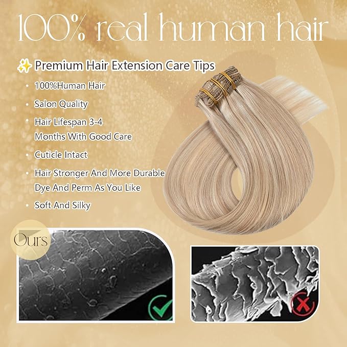 Hair Extensions Real Human Hair 12 Inches 75g Golden Blonde Highlights Hair Extensions Clip Ins Natural Silky Straight Blonde Extensions for Women Real Hair #16/22 7pcs