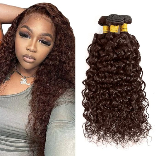 #4 Brown Bundles Human Hair Water Wave Bundles 32 32 32 Inch Human Hair Weave 3 Bundle Unprocessed Brazilian Virgin Hair Chocolate Brown Deep Curly Human Hair Extensions 50 Grams/Bundle