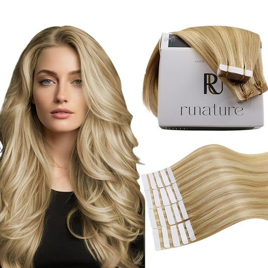 RUNATURE Remy Hair Tape in Extensions Blonde 22 Inch Straight Tape in Extensions Real Human Hair Golden Blonde Mix Light Blonde Tape in Hair Extensions Silky Tape in Human Hair Extensions 50g 20pcs