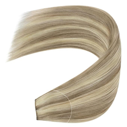 YoungSee Wire Hair Extensions Highlights Human Hair Wire Extensions Light Brown with Blonde Fish Line Hair Extensions for Woman 20inch 100g