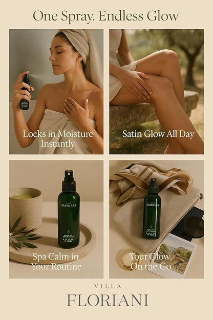 Villa Floriani After Shower Luxury Body Spray with Olive Oil | Nourishing & Moisturizing Mist for Dry, Aging Skin | Fast Absorbing Non Greasy Glow | Naturally Scented Body Oils for Women, 5.07 fl. oz