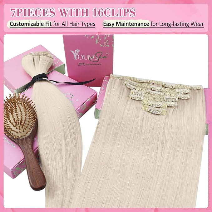 YoungSee Clip on Hair Extensions Blonde Clip in Hair Extensions Human Hair Platinum Blonde Double Weft Lace Real Human Hair Extensions 22In 120G 7Pcs