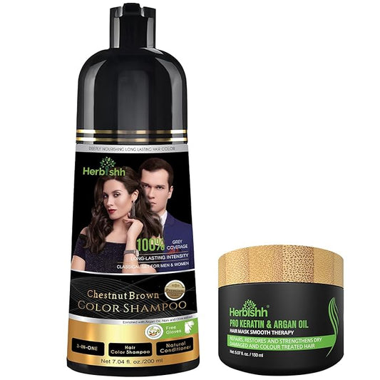 Herbishh Chestnut Brown Hair Dye Shampoo 200ml + Argan Hair Mask 150ml – Grey Coverage & Deep Repair Combo – Sulfate-Free & Paraben-Free
