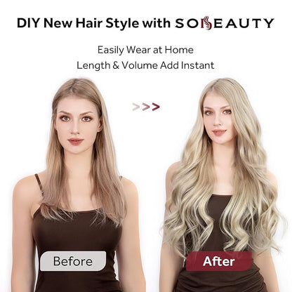 Clip in Hair Extensions Real Human Hair, Silky Remy Hair Extensions Clip Ins, Salon Quality Natural Human Hair, Light Blonde Highlighted Golden Blonde #P16/22 18Inch 120G 7PCS