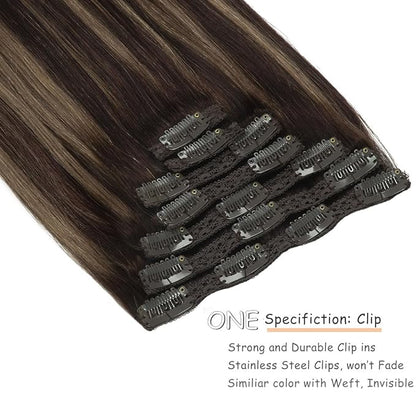 Caliee Balayage Dark Brown and Chestnut Brown with Dark Brown Roots 18inch Clip in Hair Extensions Human Hair Silky Straight 120 gram Double Weft Lace Clip in Hair