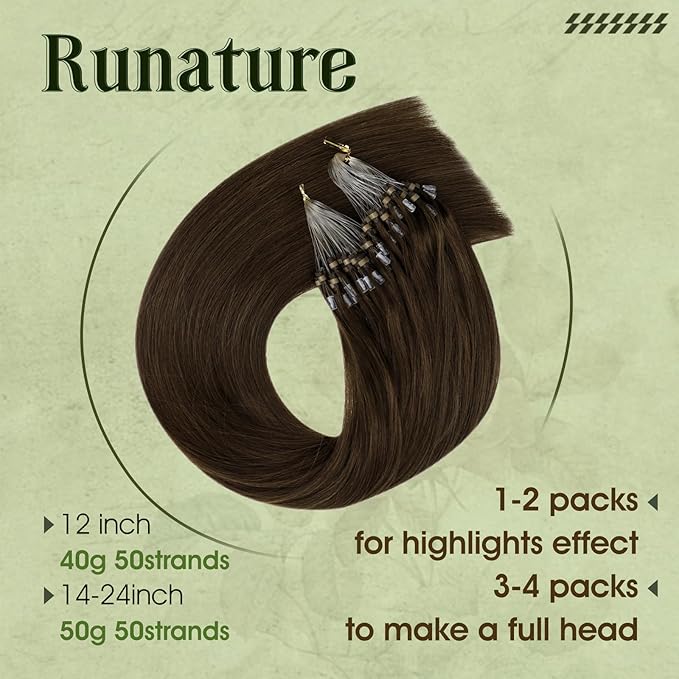 RUNATURE Micro Rings Hair Extensions Remy Dark Brown Human Hair Micro Loop Extensions Real Hair Pre Bonded Micro Extensions Brown Hair 14 Inch 50s 50g