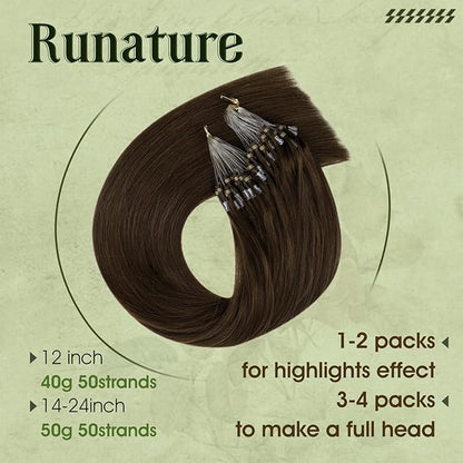 RUNATURE Micro Rings Hair Extensions Remy Dark Brown Human Hair Micro Loop Extensions Real Hair Pre Bonded Micro Extensions Brown Hair 14 Inch 50s 50g