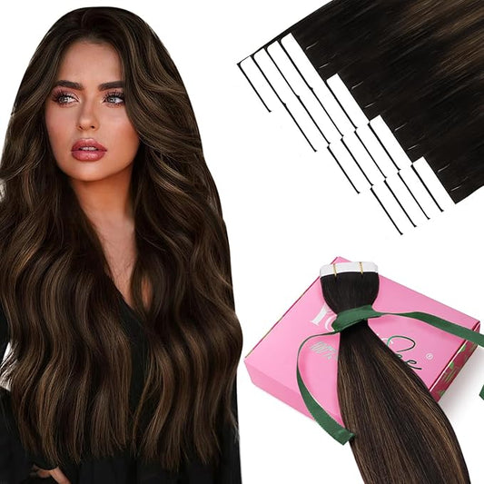 YoungSee Tape in Hair Extensions Real Human Hair Brown Tape Hair Extensions Balayage Dark Brown with Medium Brown Tapein Hair Extensions Real Human Hair Long Hair Extensions 24In 20pcs 50g