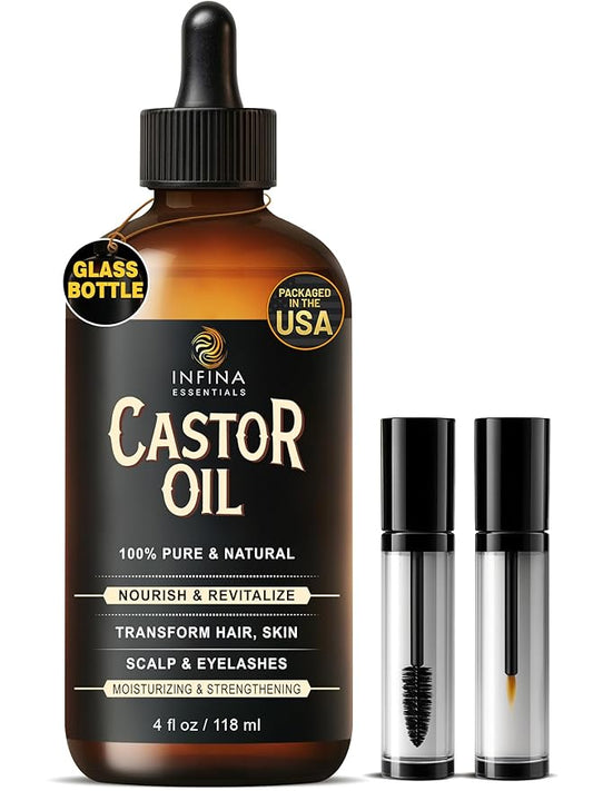 Pure Cold Pressed Hexane-Free Castor Oil - Glass Bottle for Hair Growth, Face, Scalp, Skin & Eyelashes - Nourishing & Moisturizing - 4 fl oz