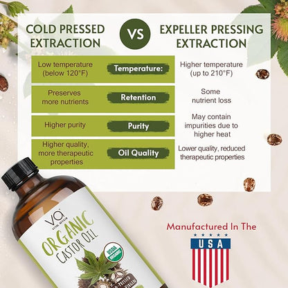Pure Castor Oil Organic Cold Pressed Unrefined Glass Bottle-USDA Certified for Castor Oil Pack Wrap for Face,Hair Growth,Eyelashes,Eyebrows-16oz