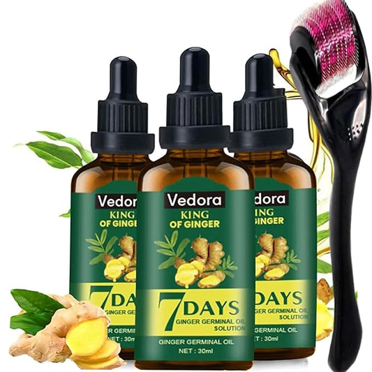 Vedora Ginger Oil for Hair Growth - Biotin Hair Growth Serum, 100% Pure Natural Ginger Essential Oil - Promotes Stronger, Thicker, Longer Hair in Women & Men - 3.0 Fl Oz / 90ML (3pc+Roller)