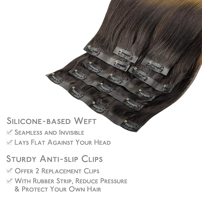 WENNALIFE Seamless Clip In Hair Extensions, 16 Inch 130g 7pcs Dark Brown to Chestnut Brown and Dirty Blonde Hair Extensions Clip in Human Hair Invisible PU Skin Weft Remy Human Hair Extensions
