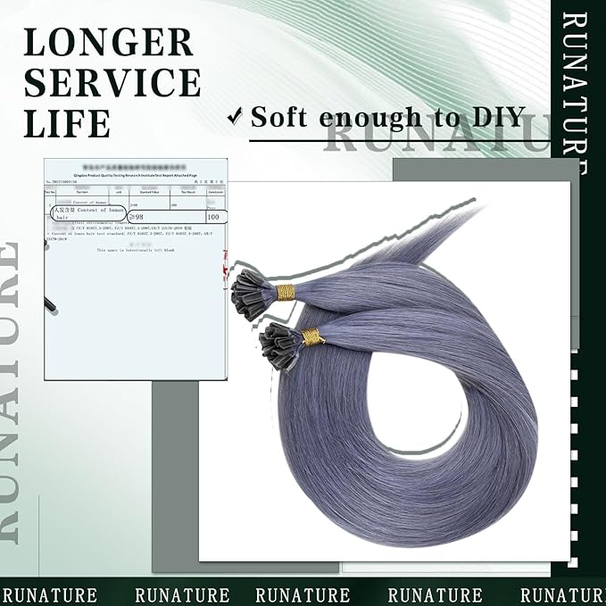 RUNATURE 20 Inch U Tip Human Hair Extensions - Light Blue, Silky Straight, Keratin, Pre Bonded Hot Fusion, 25g, 25s