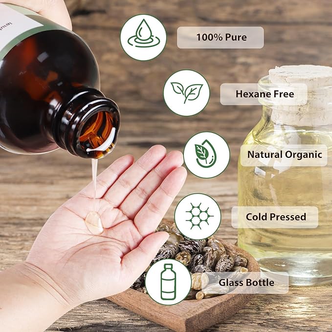 Organic Castor Oil (8.45oz Glass bottle) USDA Certified 100% Pure Natural, Cold Pressed, Hexane Free. Castor Oil for Hair Growth, Thicker Lashes & Fuller Brows