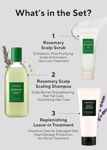 AROMATICA Rosemary Hair Care Gift Set - Shampoo for Hair Growth & Heat Protection, Leave-in Treatment & Scalp Treatment - Hair Care Kit for Women, Sulfate/Paraben Free For Men And Women