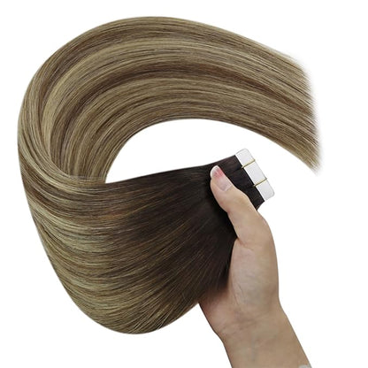 YoungSee Tape in Hair Extensions Real Human Hair Brown Balayage Tape in Hair Extensions Human Hair Dark Brown Ombre Blonde with Brown Tape on Hair Extensions Seamless Hair Extensions 50g 20pcs 18In