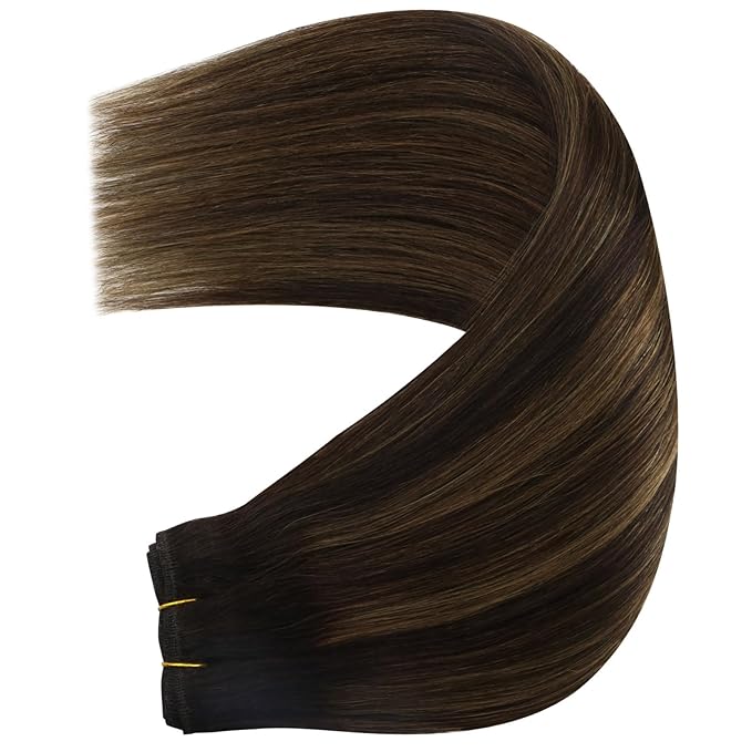 YoungSee 130G Weft Extensions Human Hair Balayage Hair Weft Extensions Dark Brown Mix Medium Brown Highlights Brown Balayage Sew in Hair Extensions Real Human Hair Balayage 24Inch