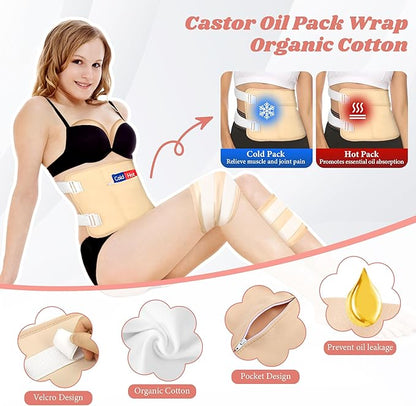 Castor Oil Pack Wrap, 12 Pcs Reusable Castor Oil Pack Kit Organic Cotton for Shoulder Hands Neck Waist Chest Knees and Feet, Adjustable Compress Pads for Entire Body